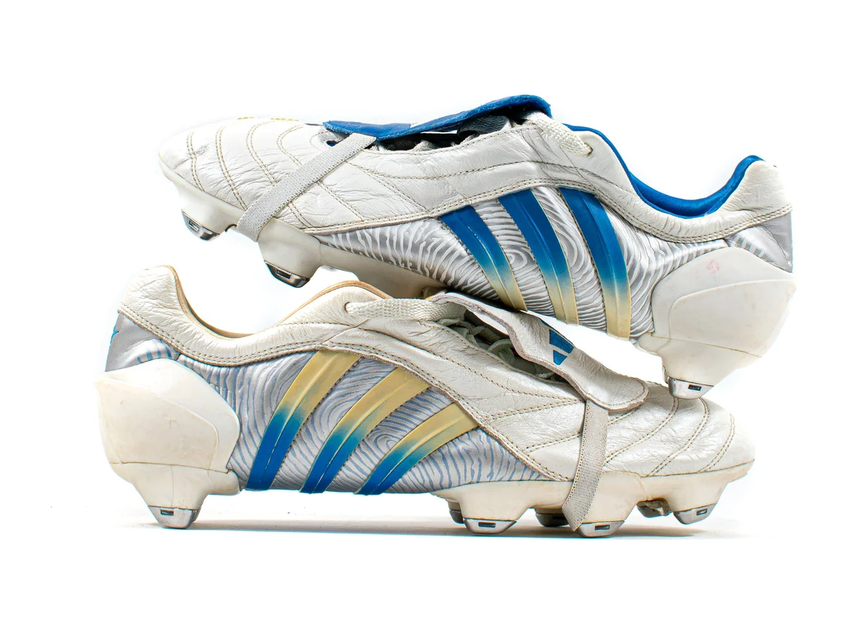 adidas Predator Pulse in Beckham’s white, silver and blue, with the fingerprint graphic behind the Three Stripes