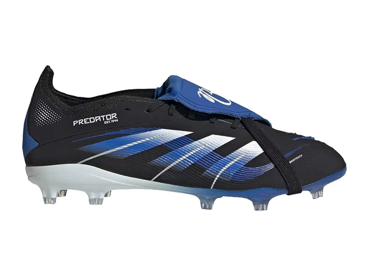 Jude Bellingham's Glory Blue signature adidas Predator: black upper, blue and white Three Stripes and a blue fold-over tongue with his JB logo