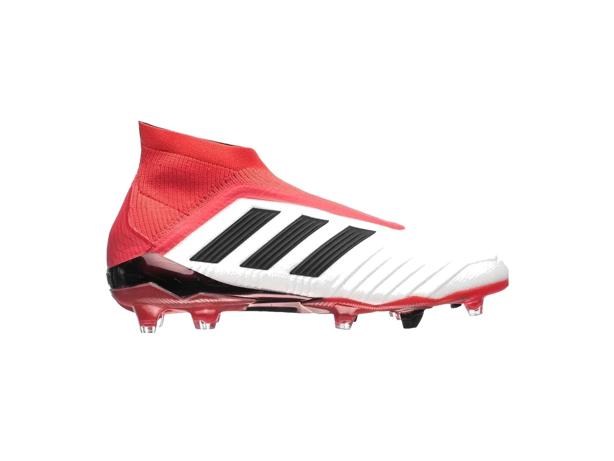 adidas Predator 18+ from 2017 in white and red with black Three Stripes, laceless with a knitted collar