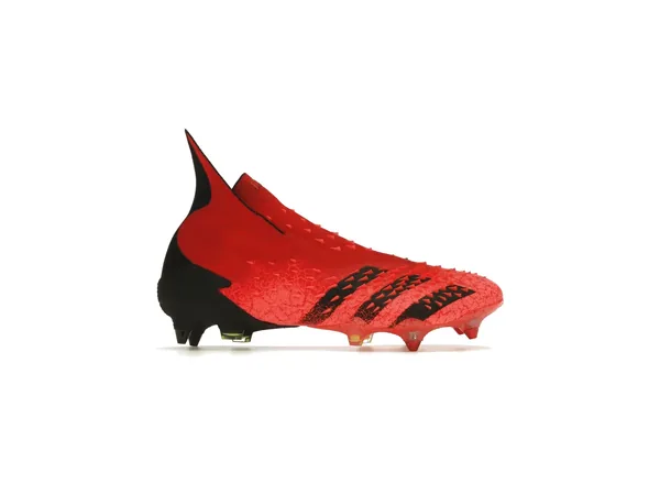 adidas Predator Freak+ laceless soft-ground boot from 2021 in red with a black heel and DEMONSKIN spikes across the upper