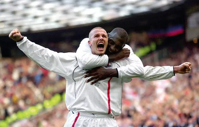 David Beckham celebrating after the equaliser against Greece, October 2001