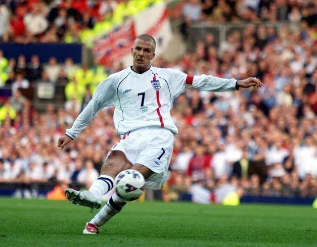 David Beckham striking the free kick against Greece at Old Trafford, October 2001