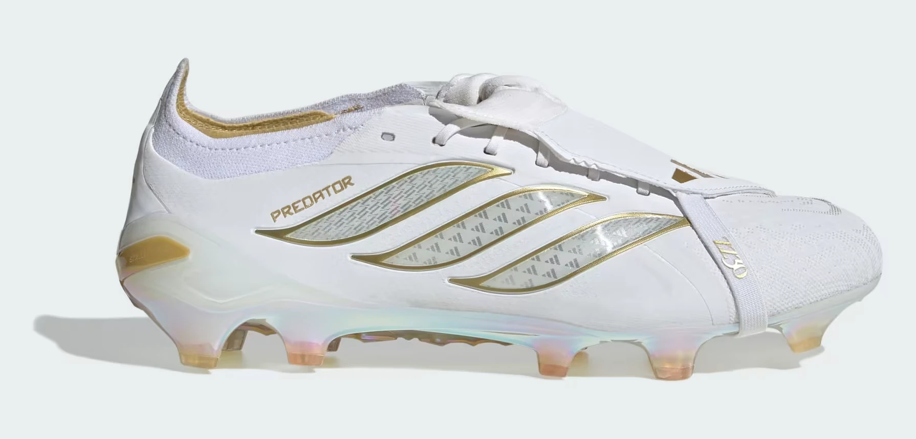The adidas Predator 26 Zidane ZZ30 in white with metallic gold Three Stripes and a gold “PREDATOR” wordmark